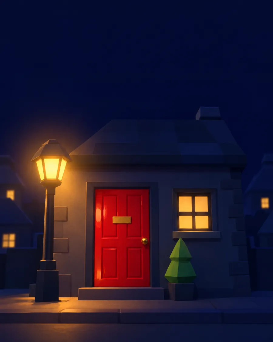 A red front door lit by a street lamp at night