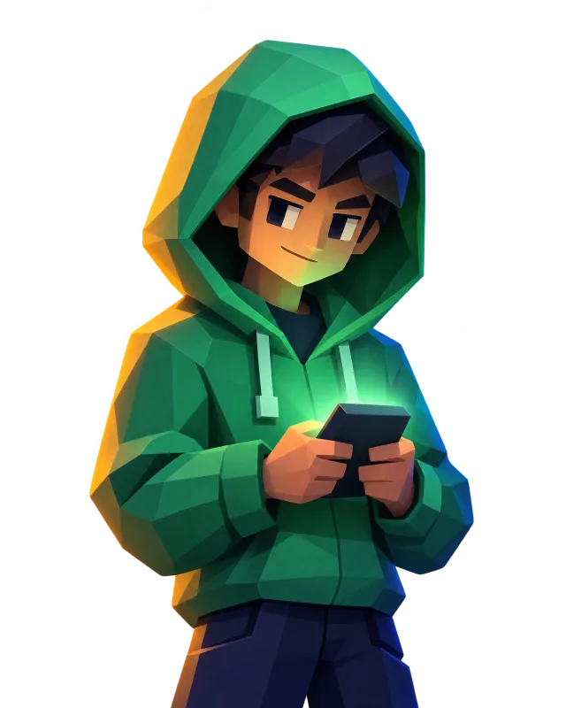 Leo, a hacker in a green hoodie with a glowing device