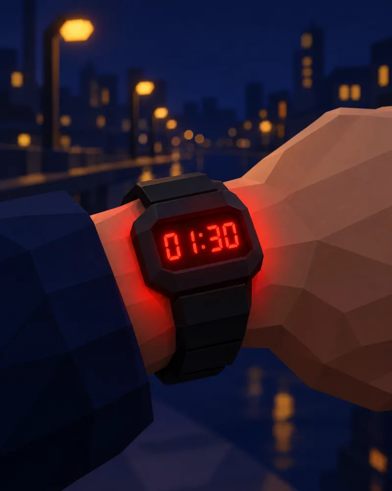 A wrist with a bracelet showing 01:30 in red digits